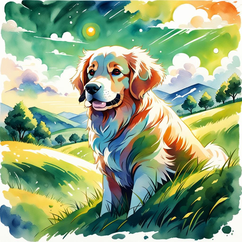 Golden Retriever in Anime Watercolor Style