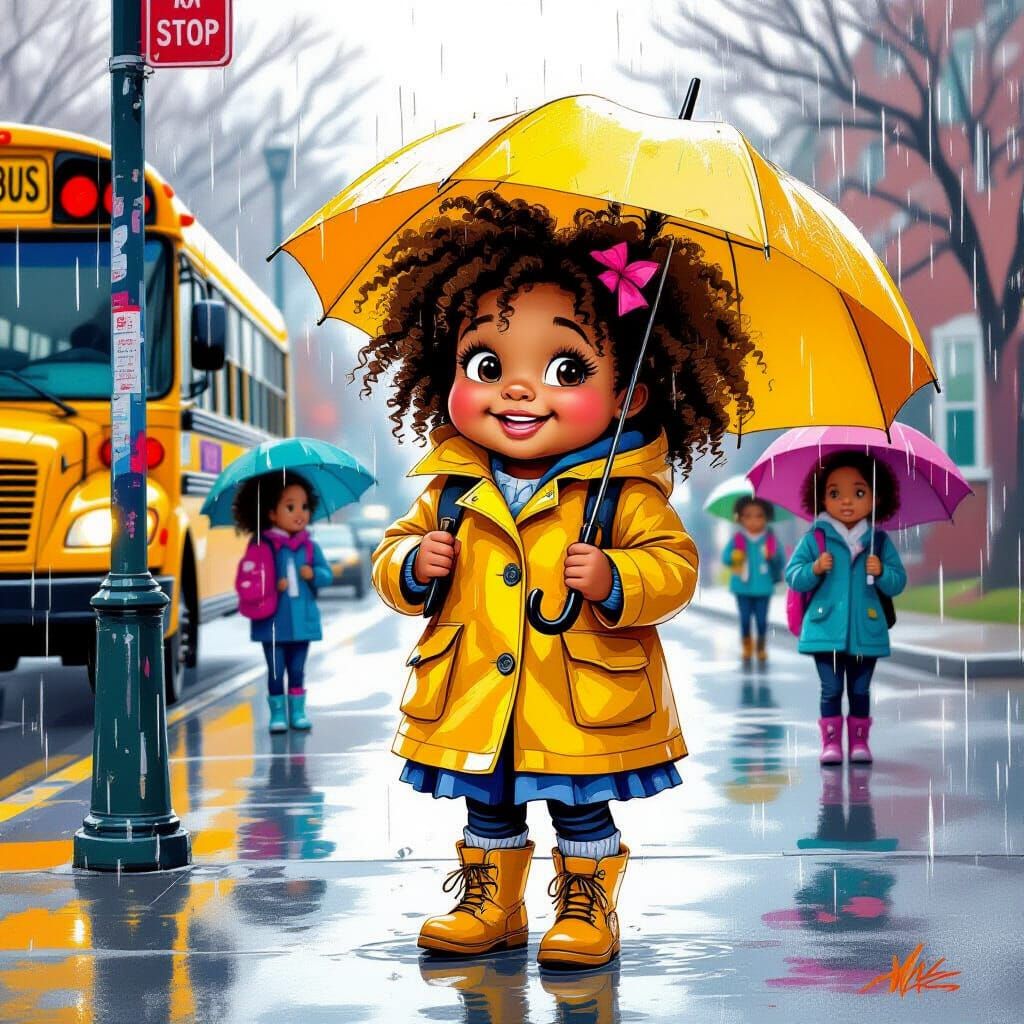 Black Girl at Rainy School Bus Stop in Street Art Style