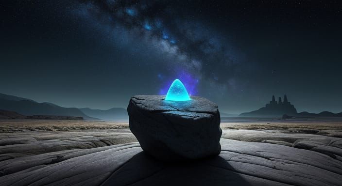 Mysterious Stone with Ethereal Glow in Surreal Landscape