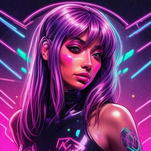Kawaii Cyberpunk Girl in Holographic Astral Illustration