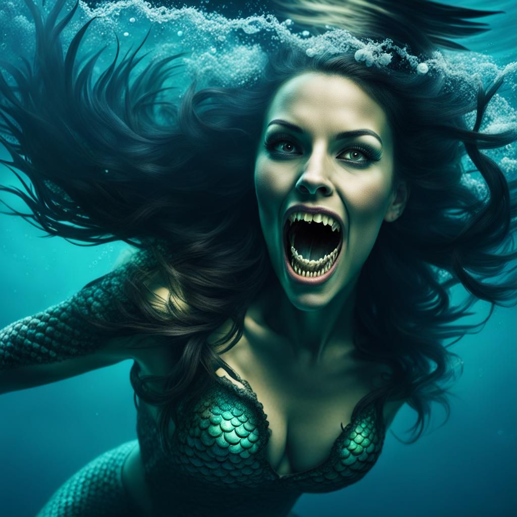 Terrifying Underwater Mermaid with Sharp Teeth