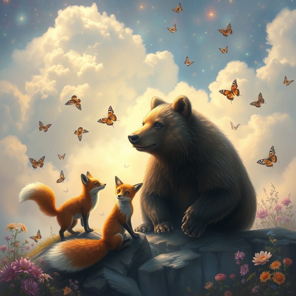 foxes and butterflies and a bear with a cloud like celestial background Gaussian electromagnetism