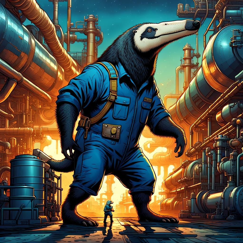Giant Anteater in Navy Suit Amidst Industry