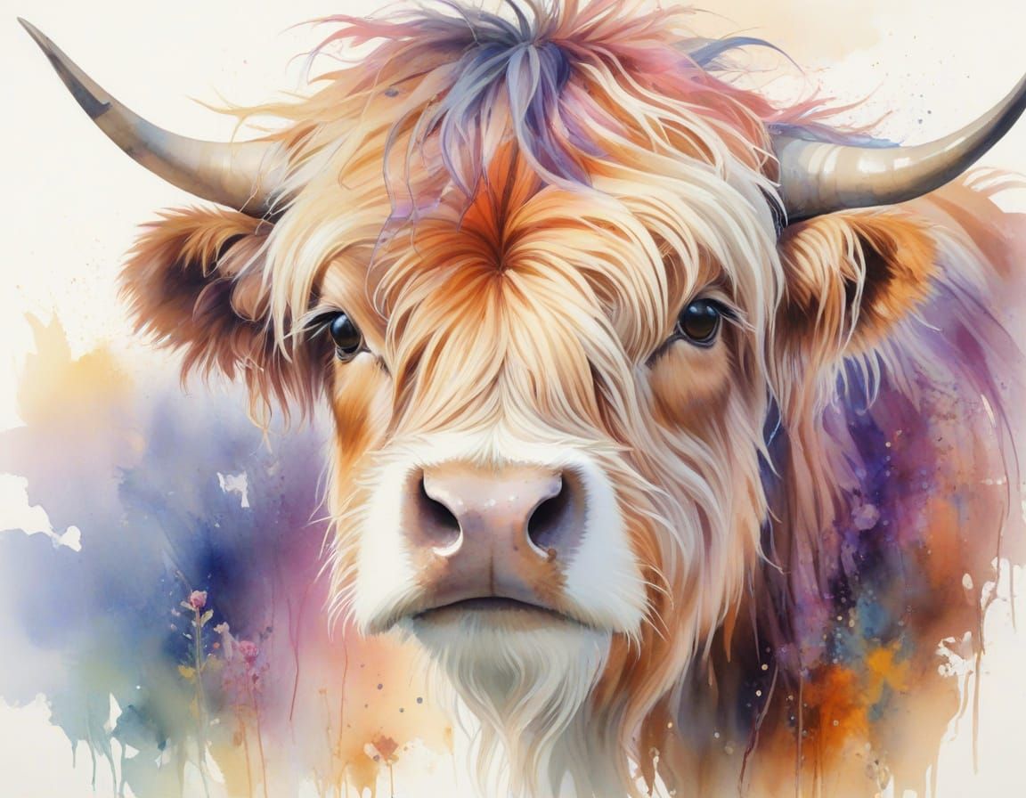 Rainbow Highland Cow in Golden Sunrise Meadow