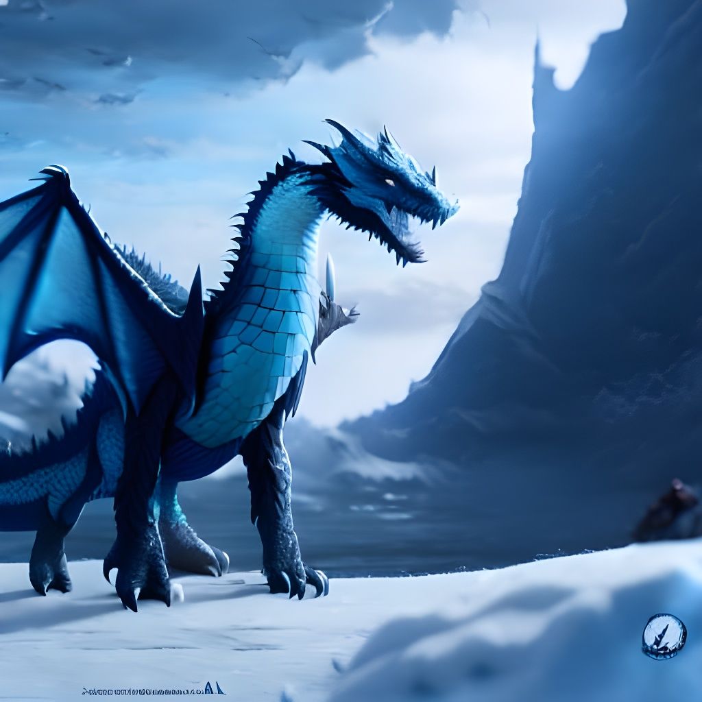 Ice Dragon in Snowy Landscape, Fantasy Concept Art