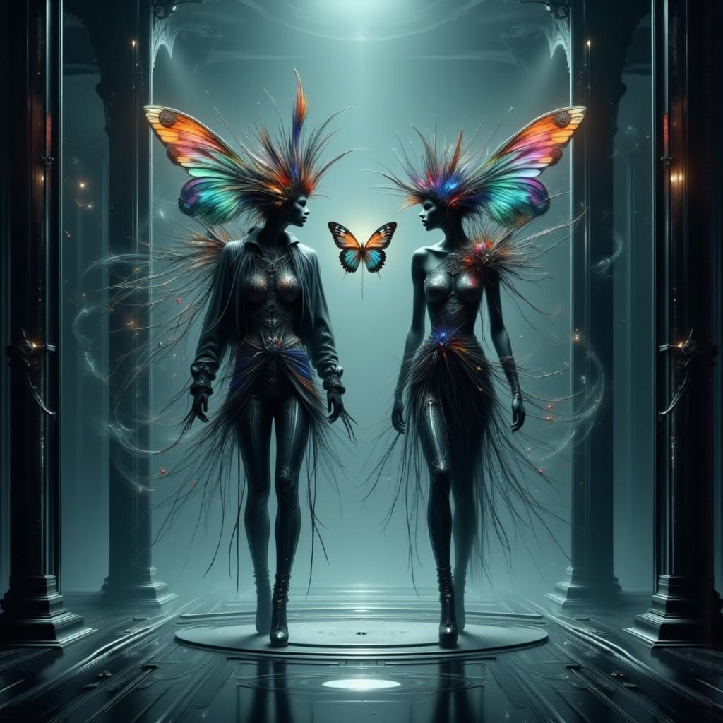 Surreal Futuristic Theatre Scene with Iridescent Butterfly