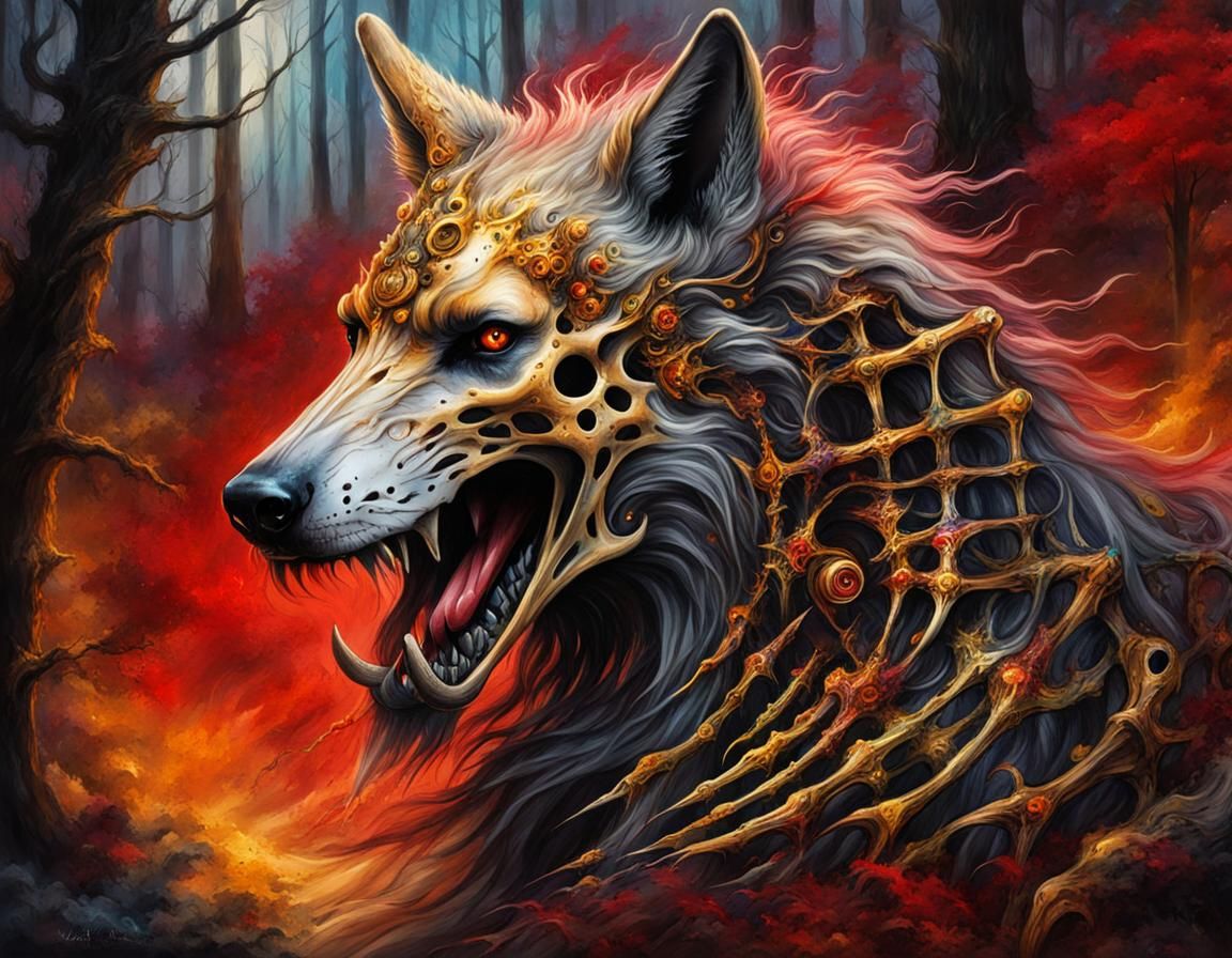 Majestic Skeleton Wolf with Electric Horn in Dark Forest