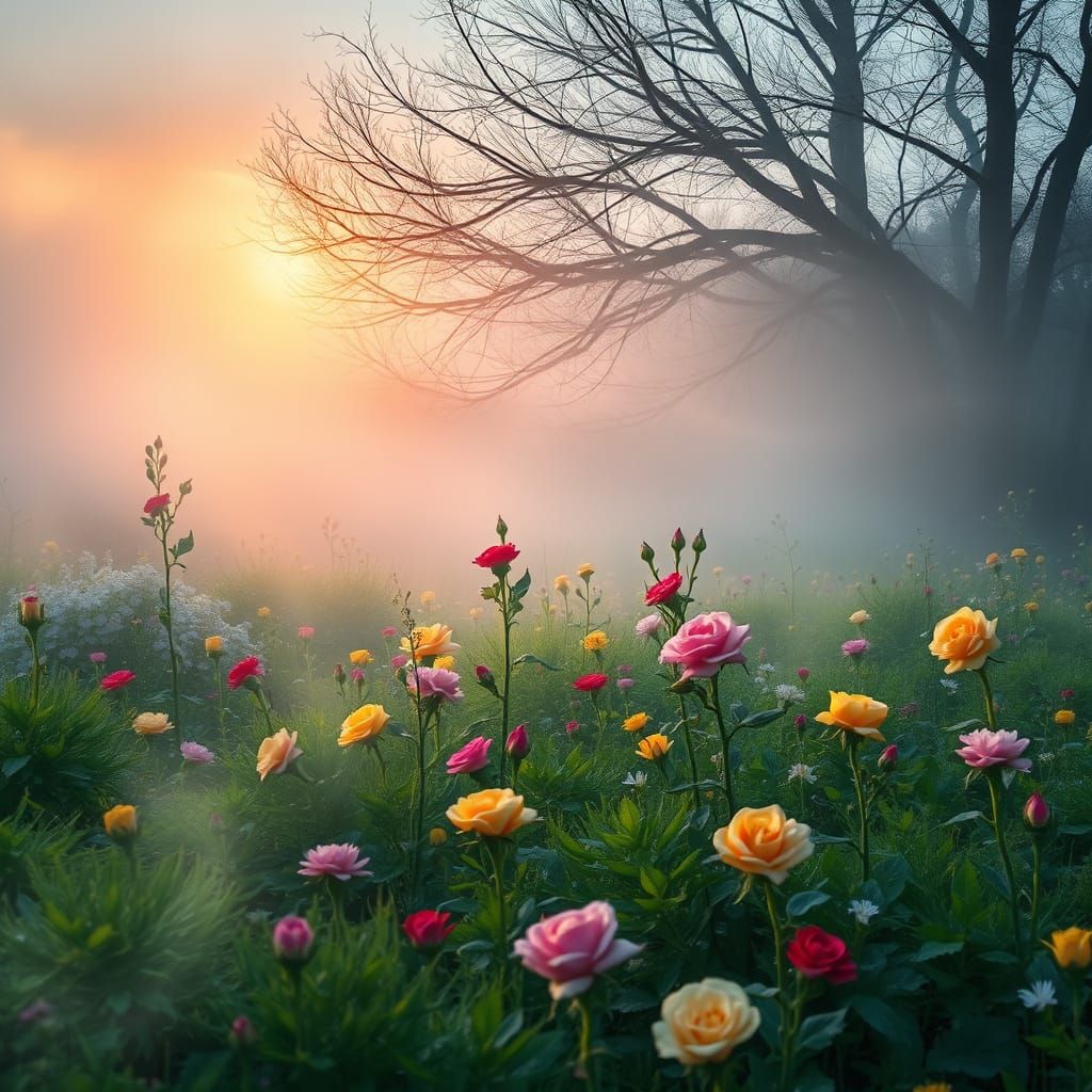 Ethereal Spring Meadow at Dawn with Mystical Fog