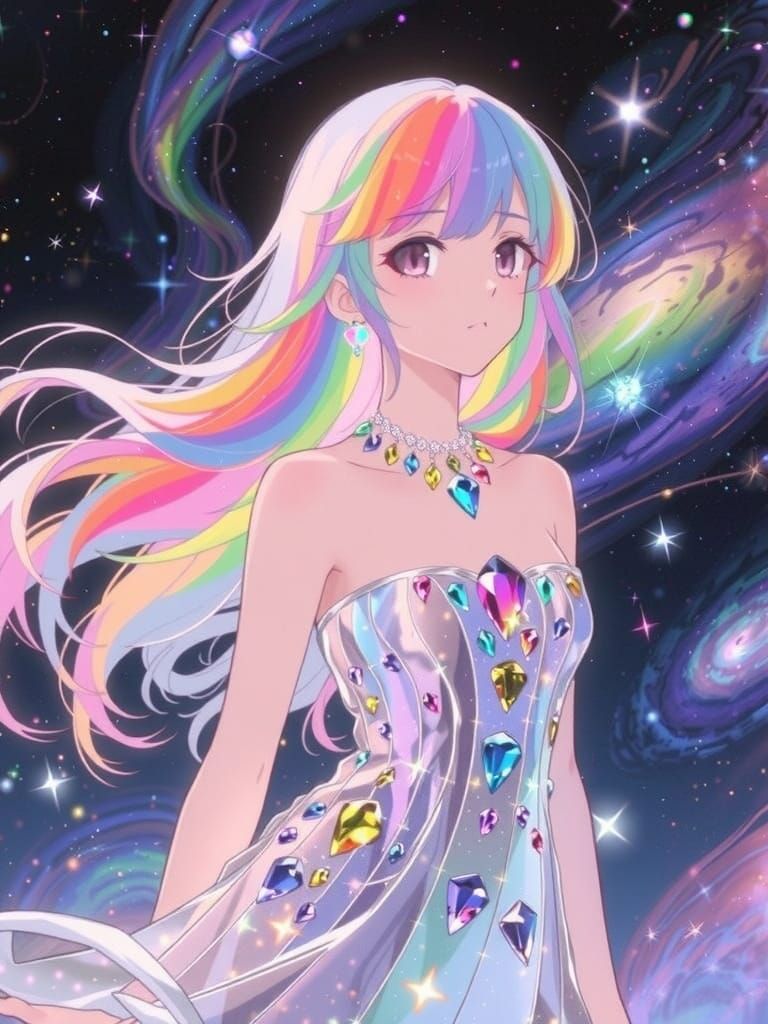 Anime Woman with Rainbow Hair and Gemstone Dress in Stardust