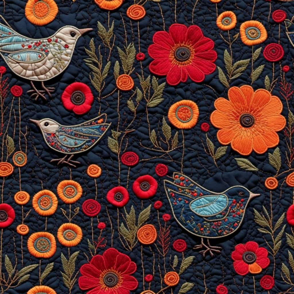 Embroidered Quilted Garden with Birds and Flowers