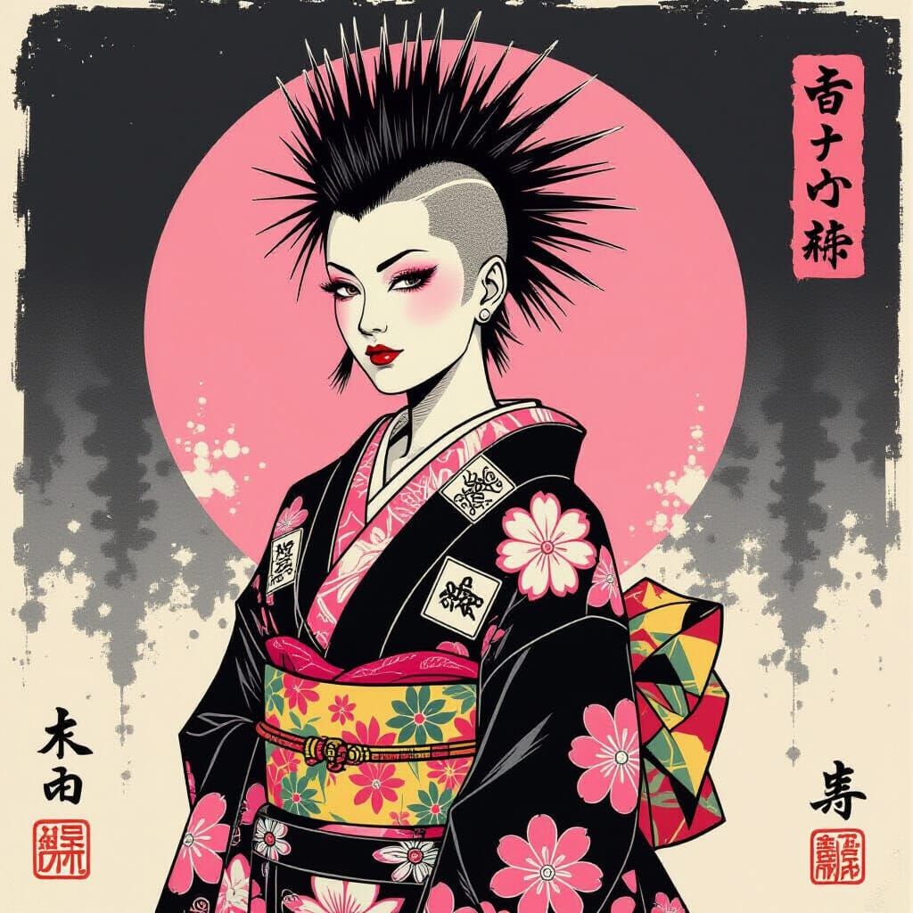 Punk Ukiyo-e Portrait of Woman in Kimono