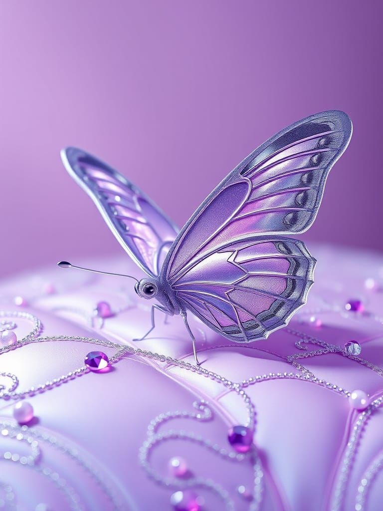 Hyper-Realistic Butterfly on Lavender Quilt in Triadic Color...