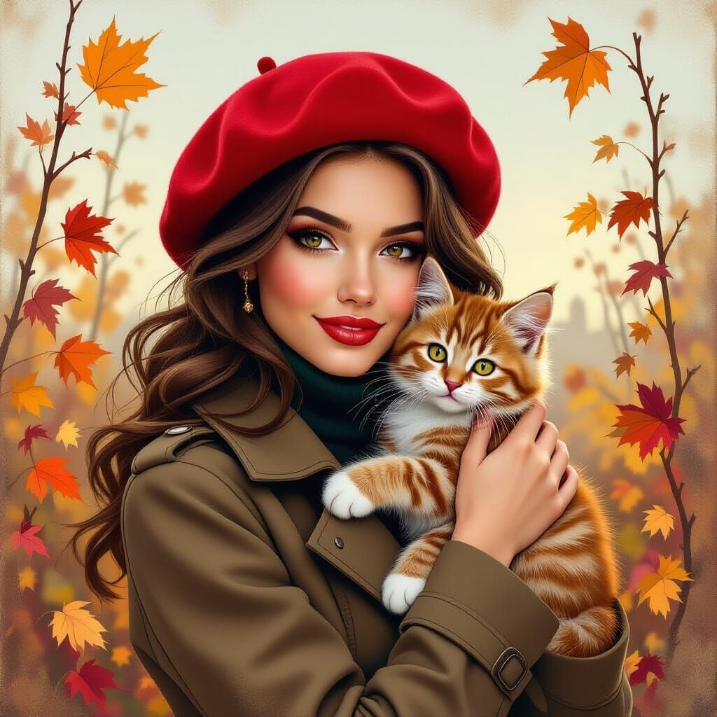 Autumn Girl with Kitten in Comic Art Style