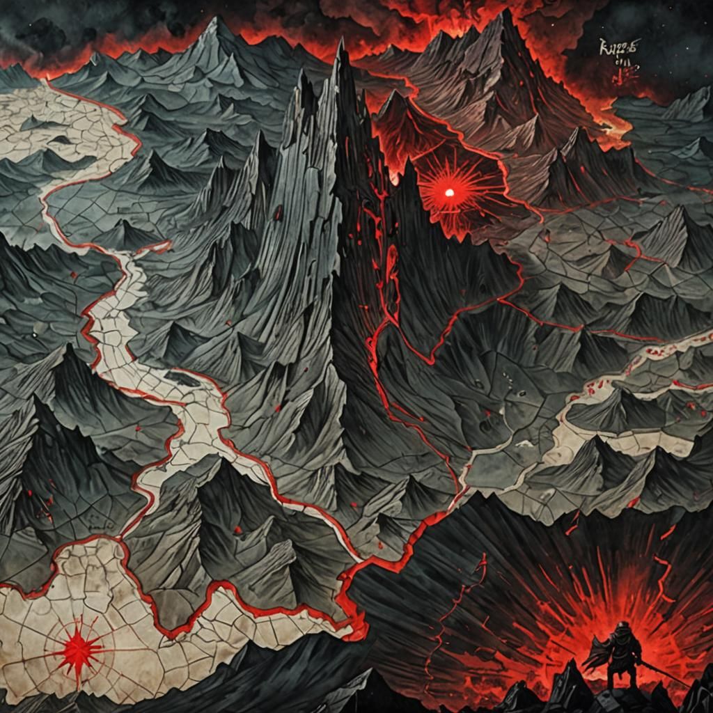 Dystopian World Map with Towering Mountain, Surreal Art
