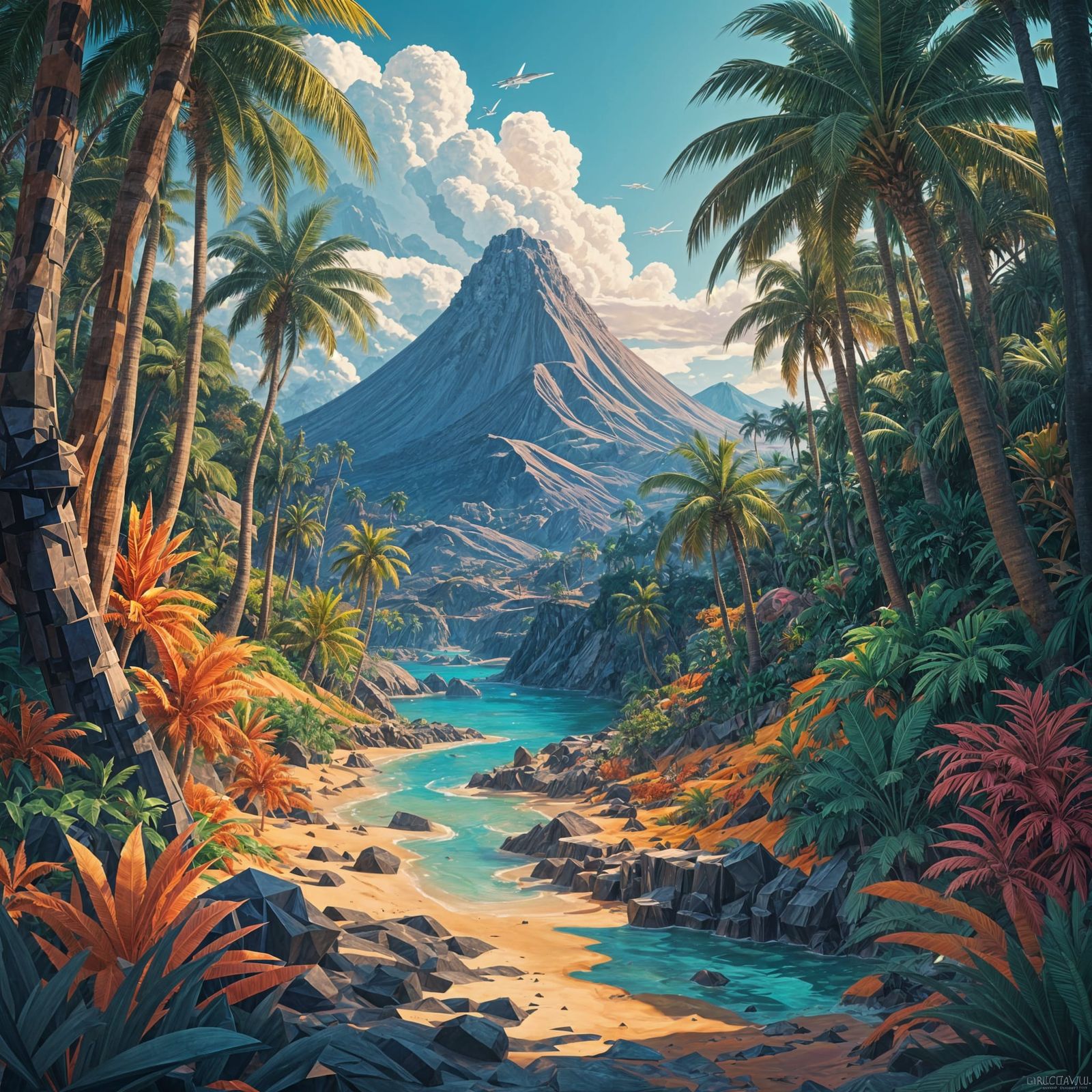 Cubist Volcanic Landscape in Vibrant Geometric Style