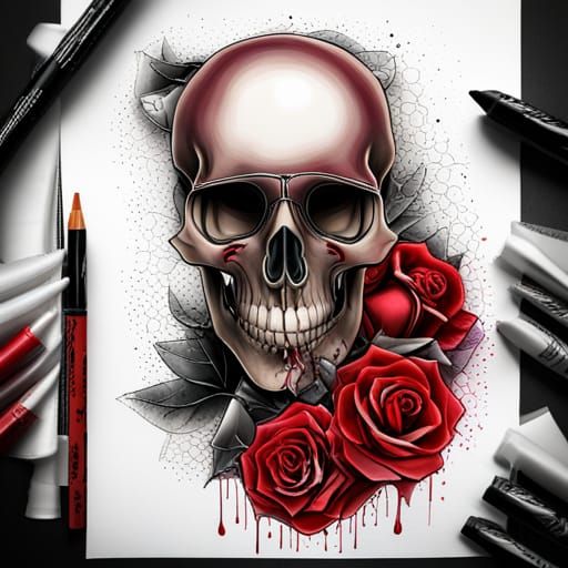 Skull Tattoo with Roses in Trash Polka Style