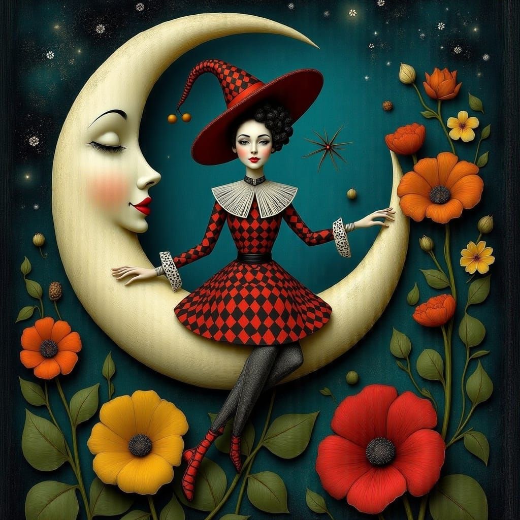 Surreal Harlequin on Moon with Exotic Flowers