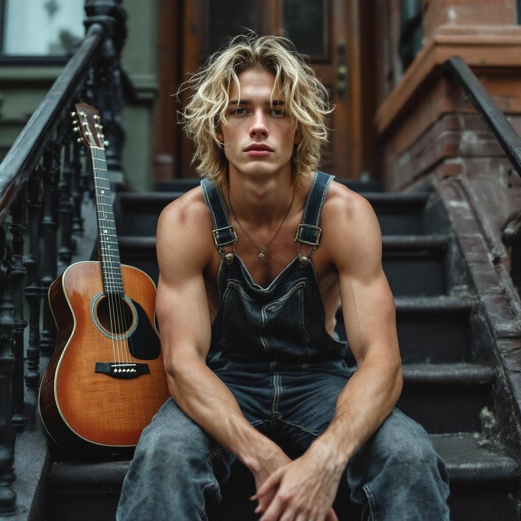 Blond Man Relaxing on Brownstone Steps in Heroic Realism