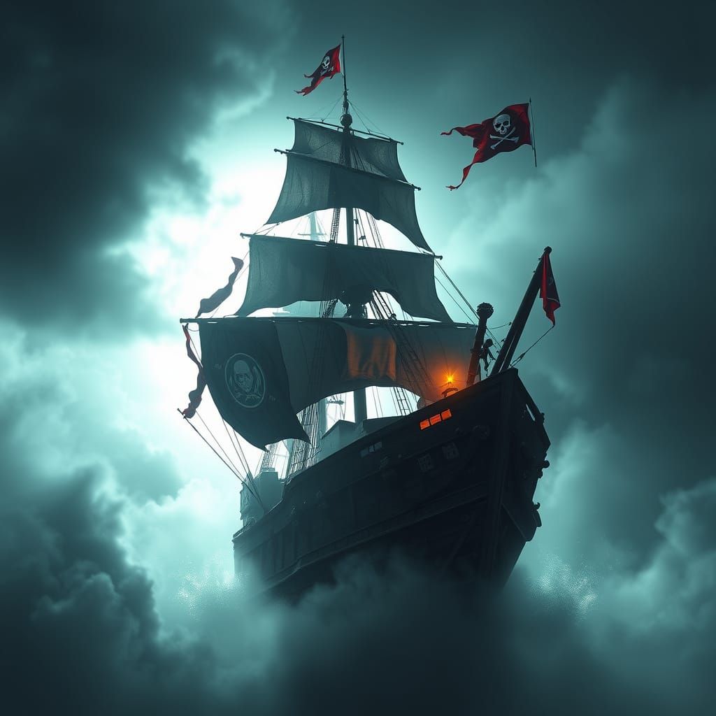 Surreal Pirate Ship Rises from the Fog in a Cyberpunk Aesthe...
