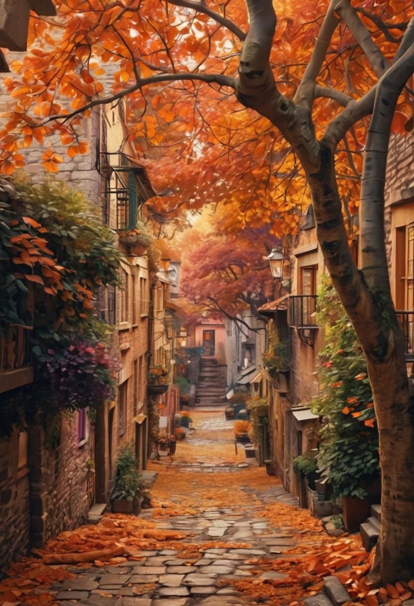 Enchanting Autumn Street Scene in Fantasy Style