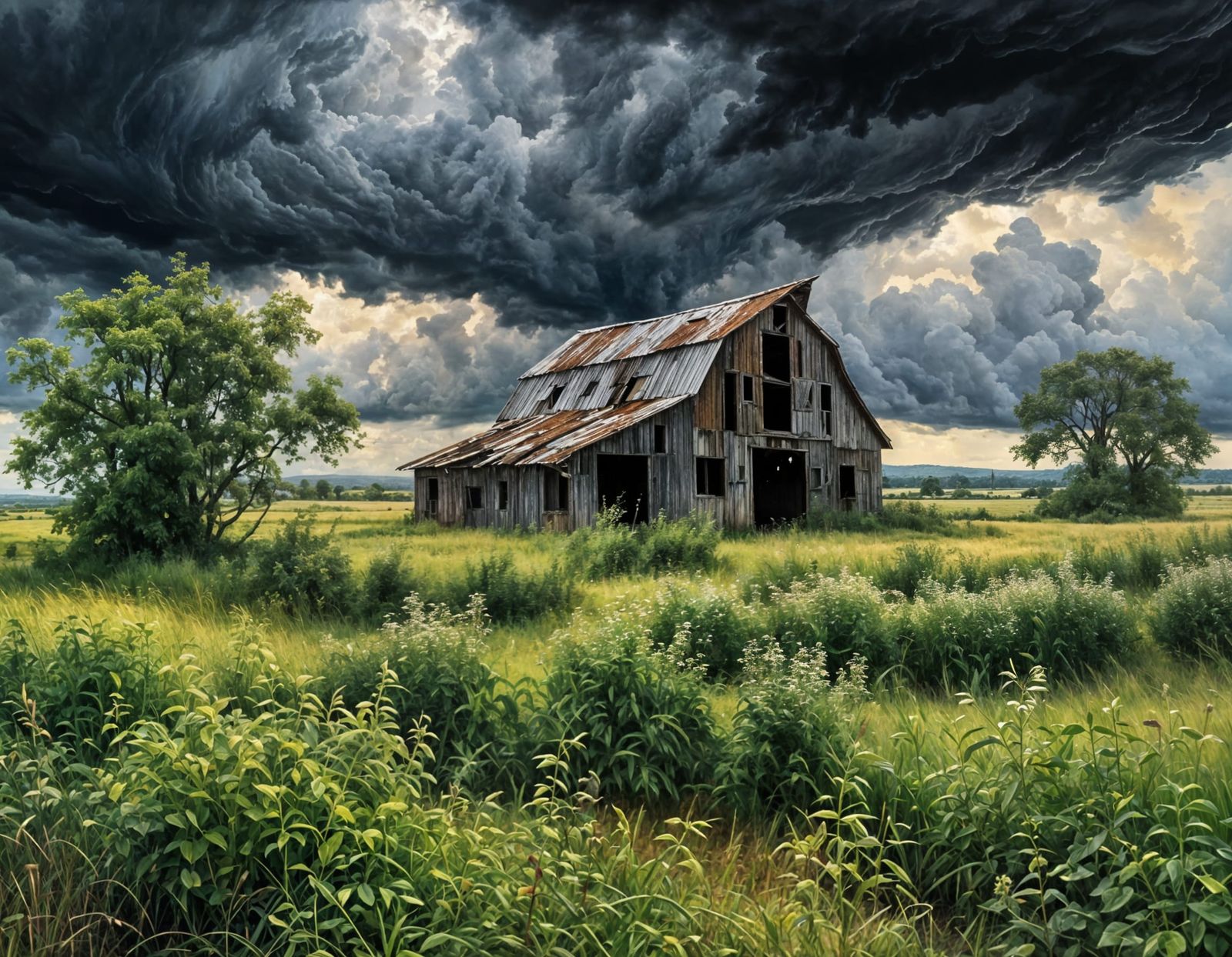 Dilapidated Barn Under Stormy Skies: Oil Painting