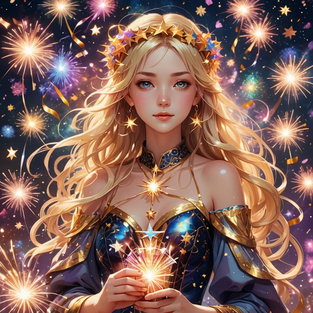 Anime Tarot Reader with Fireworks in 3D Style