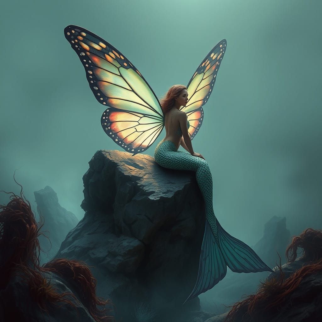 Ethereal Mermaid Seated Amidst Oceanic Depths in Vibrant Fan...