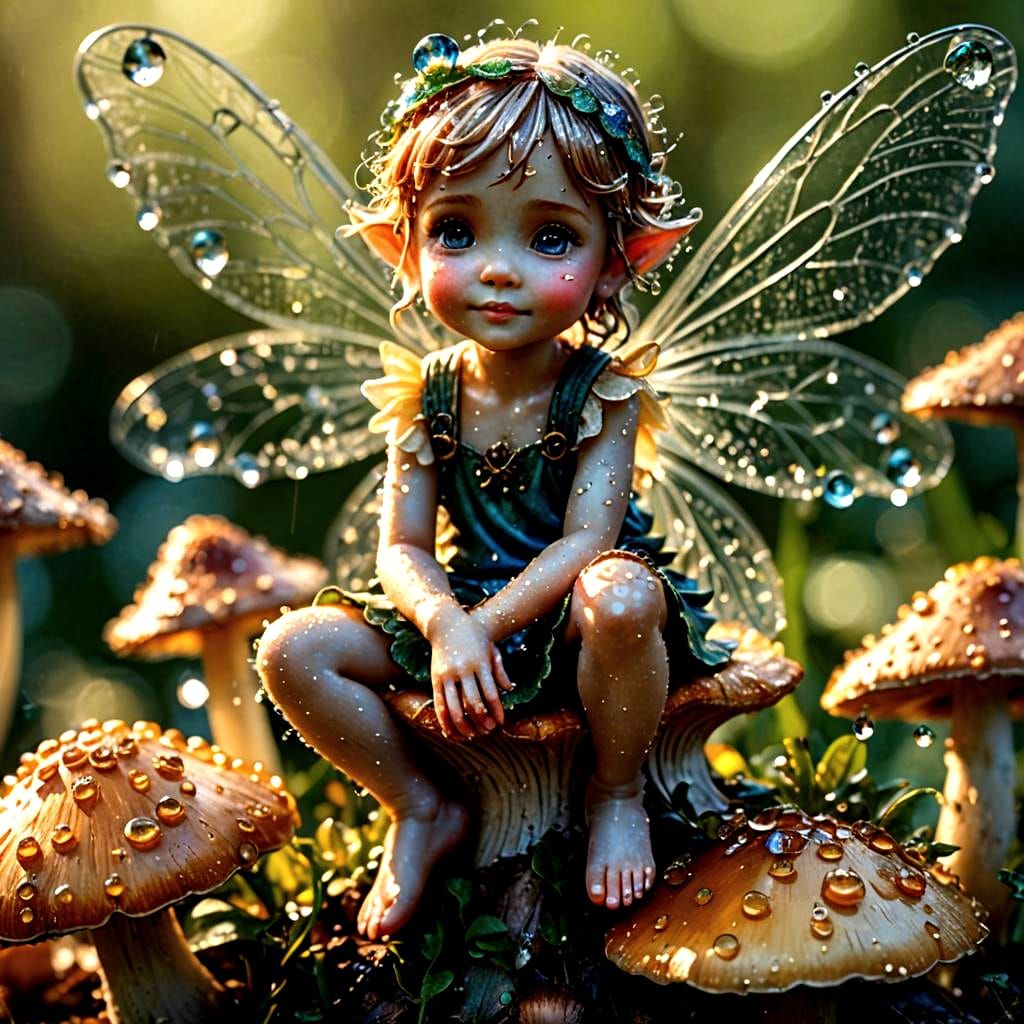 Macro Photograph of a Fairy on Mushroom