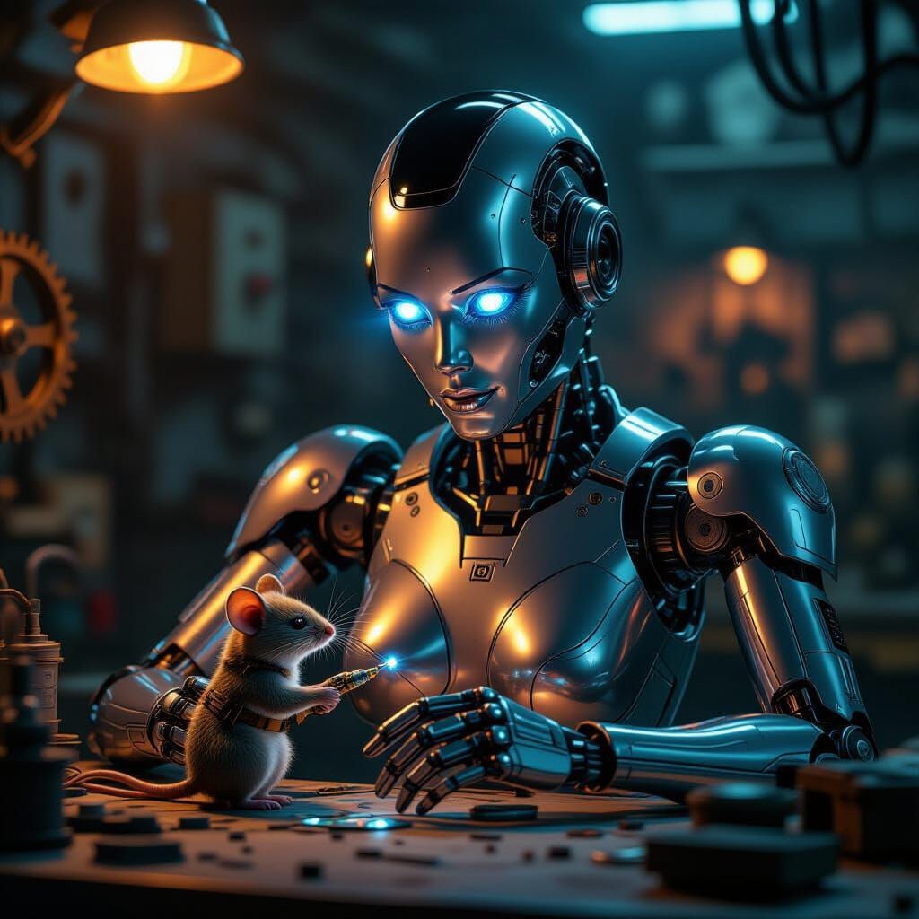 Biomechanical Robot Woman Repaired by Mechanical Mouse