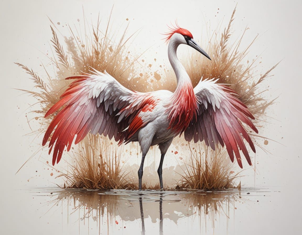 Stylized Crane in Reflective Water, Surreal Painterly Fantas...
