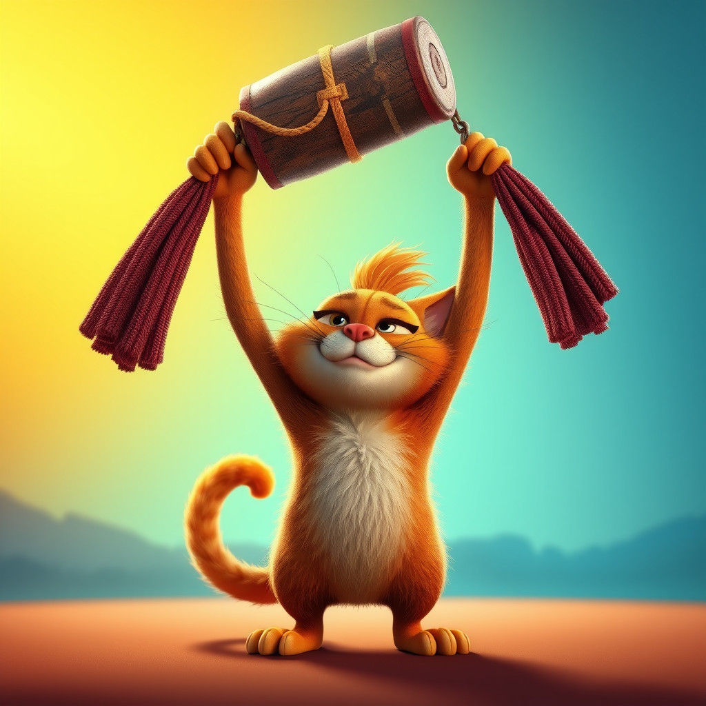 Cartoon Cat Lifts Heavy Object in Pixar Style