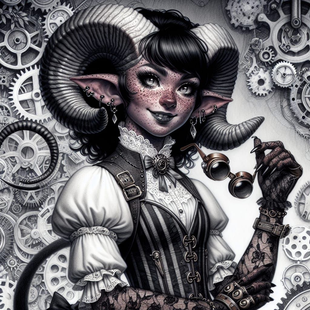 Tiefling curvy female freckled red skin, black eyes with lon...