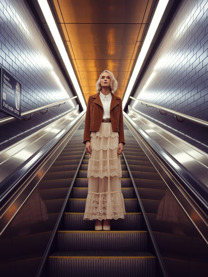 Chic Model in Modern Subway Station Escalator