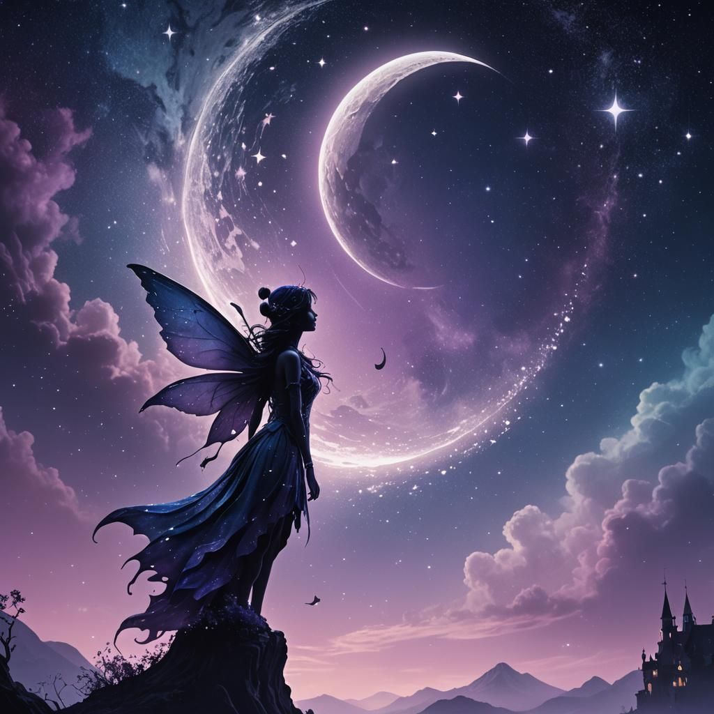 Fairy Silhouette Before Crescent Moon in Digital Art