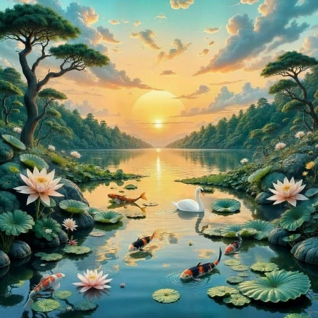 <lora:Hyperrealism Loves U:1.0> <lora:incredible color:1.0> <lora:Dragon Egg Kingdom:1.0> <lora:Aurora:1.0> A serene koi...