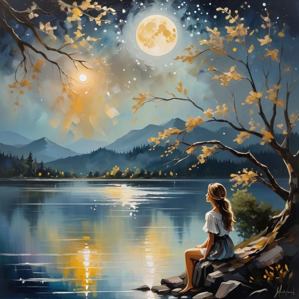Girl Gazing at Starry Moonlit Sky as Oil Painting