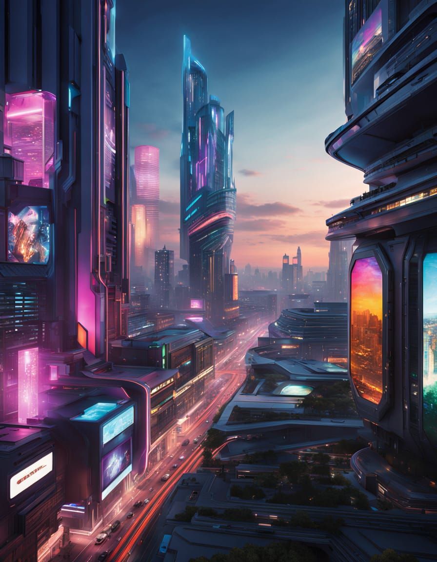 Futuristic Cityscape at Night in Cyberpunk Style