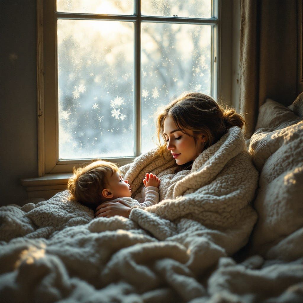 Mother and Toddler Snuggled in a Cozy, Frosty Bedroom Scene