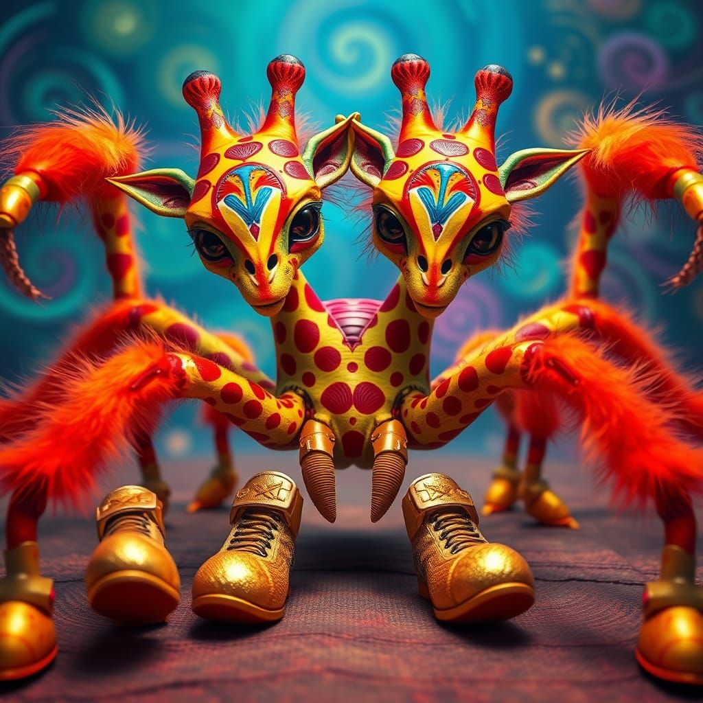 Two-Headed Alien Clown Giraffe Spider in Surreal Style