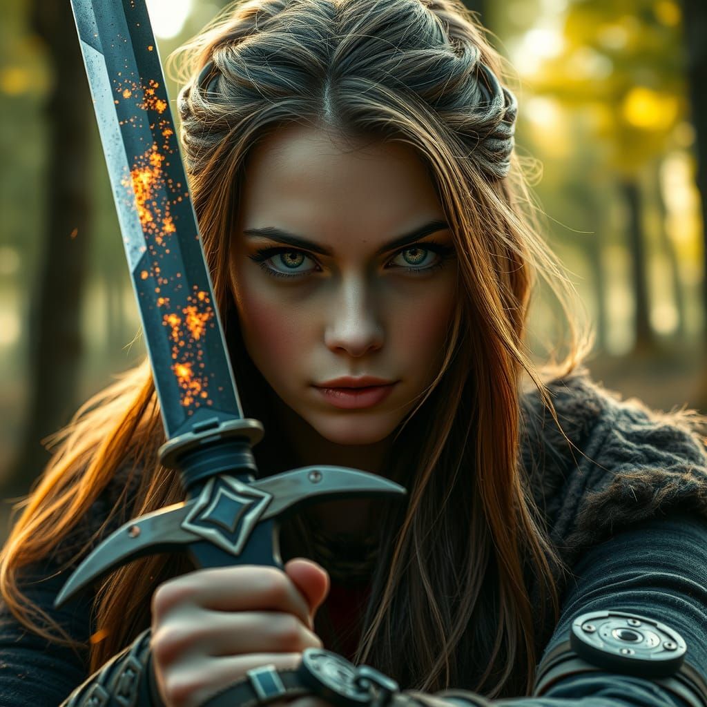 Celtic Warrior Woman in Forest, Photorealistic Double Exposu...