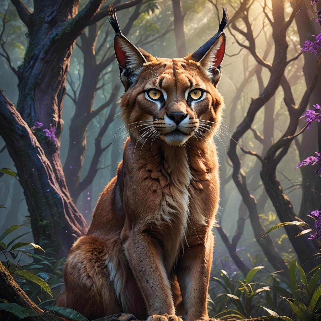 Mystical Caracal Portrait in Ancient Forest