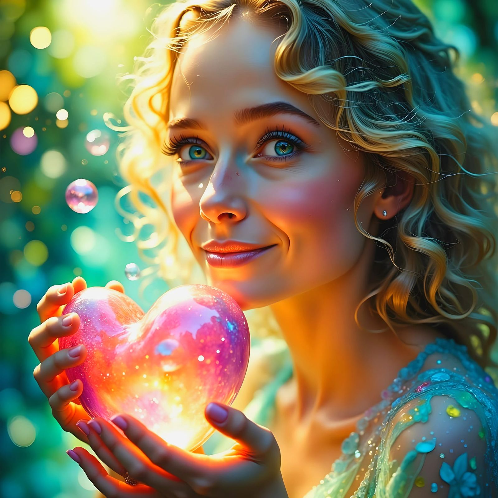 Serene Fantasy Woman Blows Heart-Shaped Soap Bubbles in Soft...