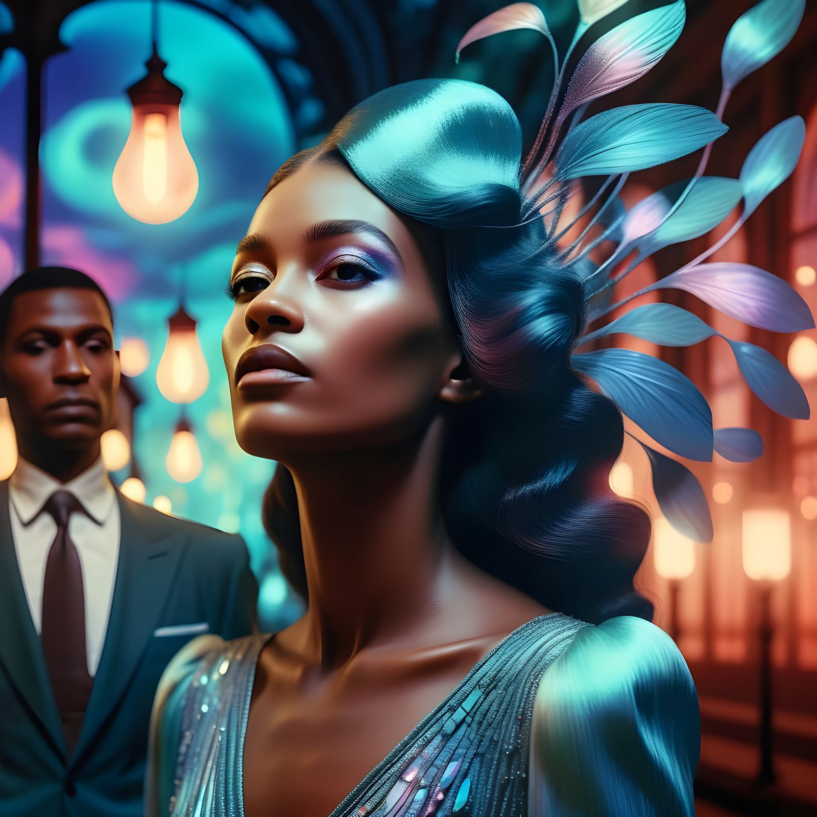 Radiant Goddess with Iridescent Skin: Cosmic Beauty Portrait