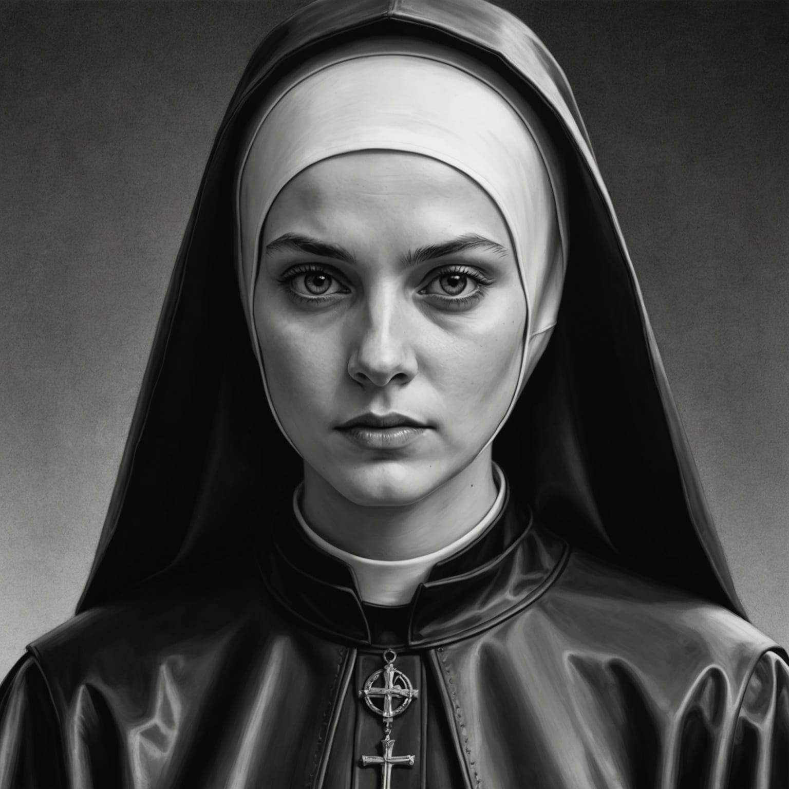 Innocent Nun in Rubberized Habit: Charcoal Drawing