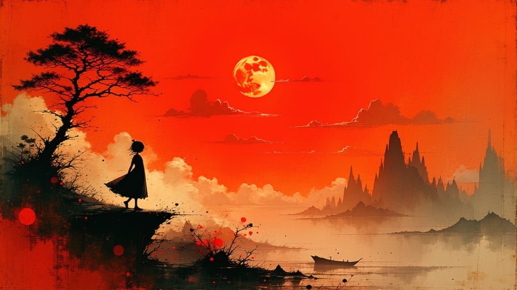 Shadow Girl and Werewolf Under Red Moonlight