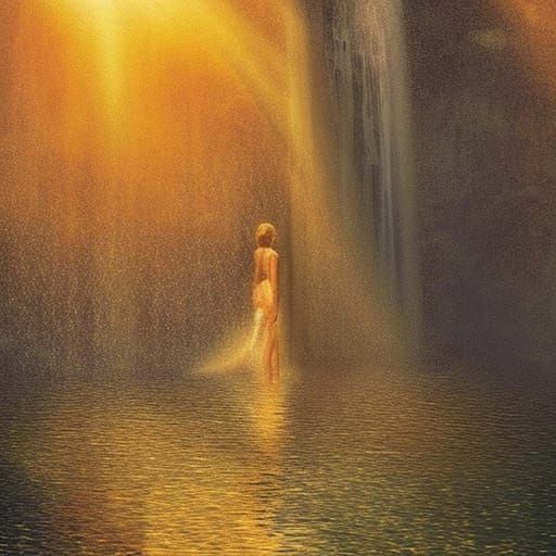 Woman Under Waterfall in Golden Light, Digital Art