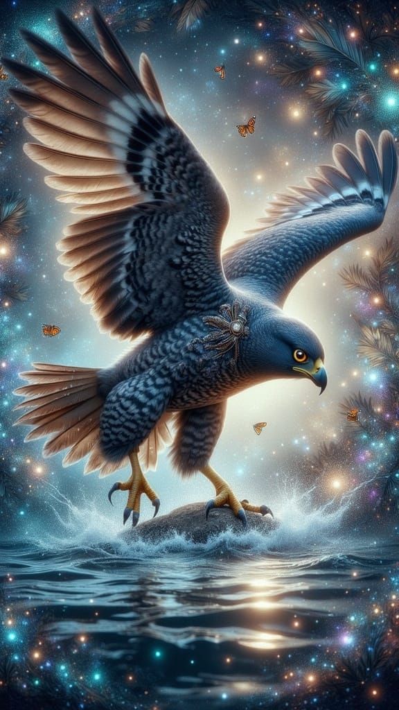 Majestic Peregrine Falcon Dives into Mystical Lake