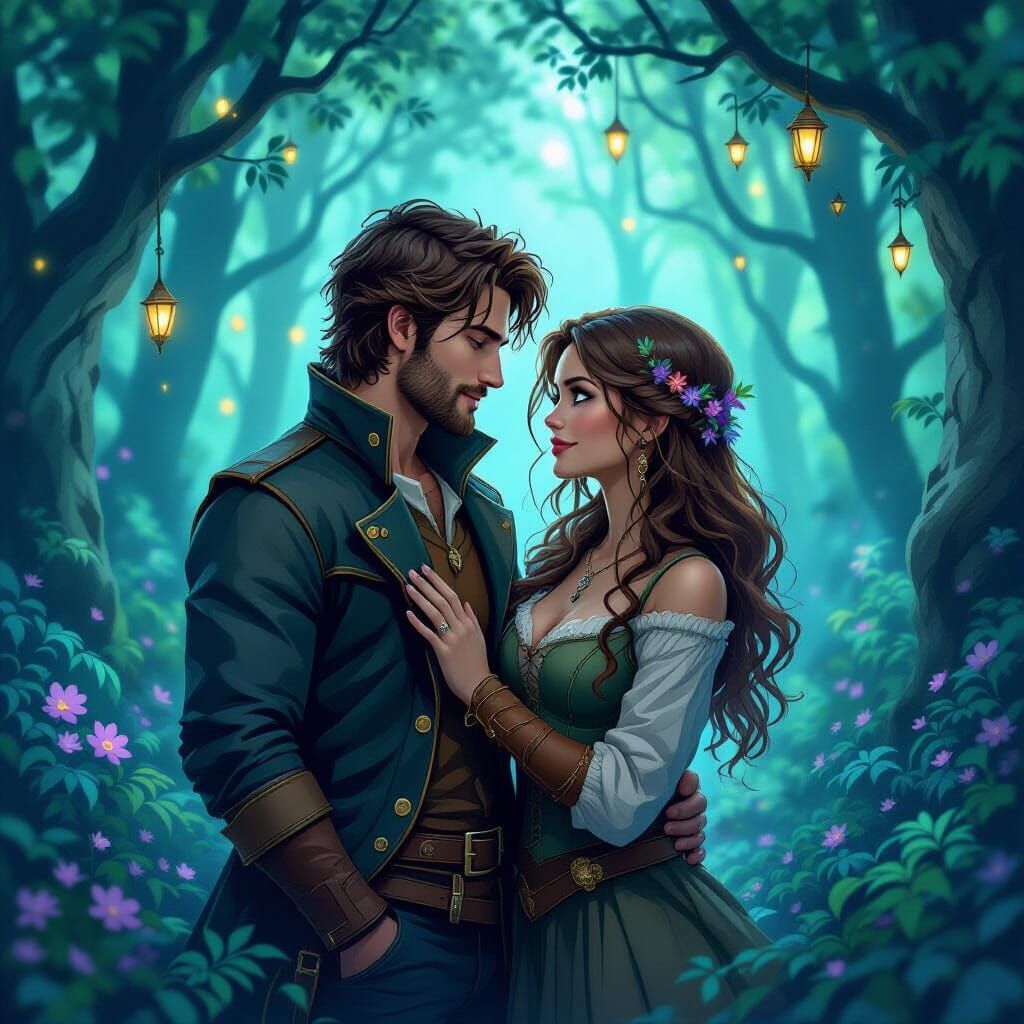 Adventurers in Soul Bond in Mystical Forest, Art Nouveau Sty...