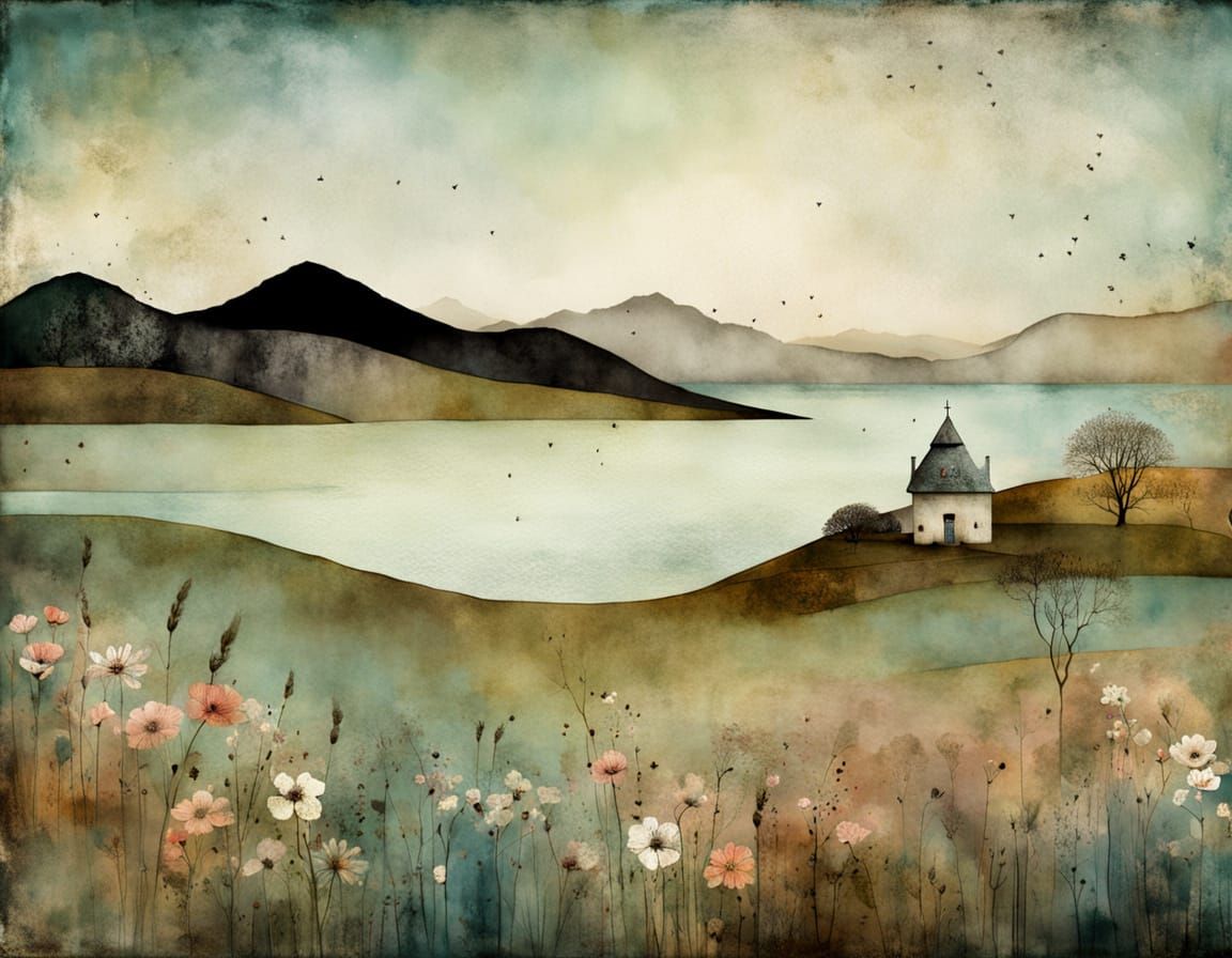 Whimsical Hebrides Landscape in Watercolor and Ink