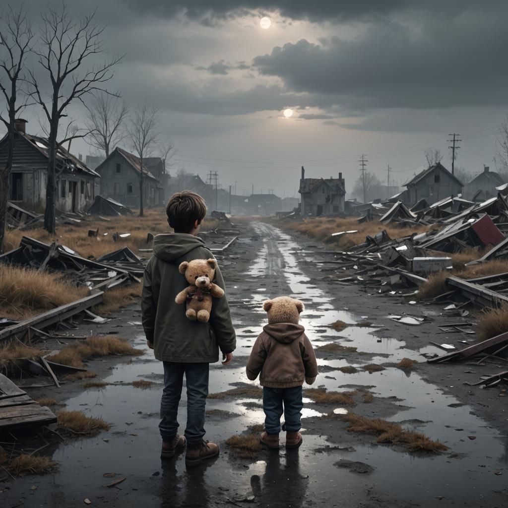 Boy with Teddy Bear in Gloomy Abandoned Landscape